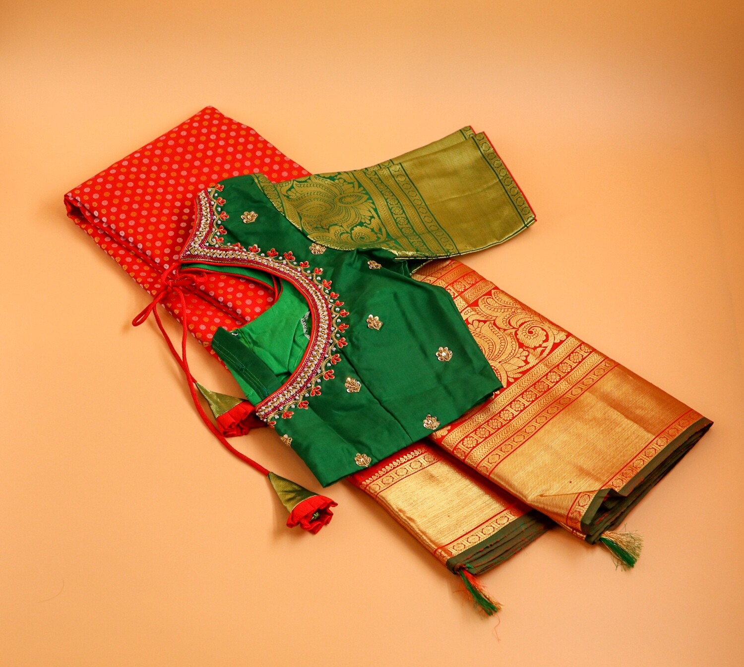 Traditional Red & Green Kanchi pattu Saree with Stitched Blouse - Ready to wear