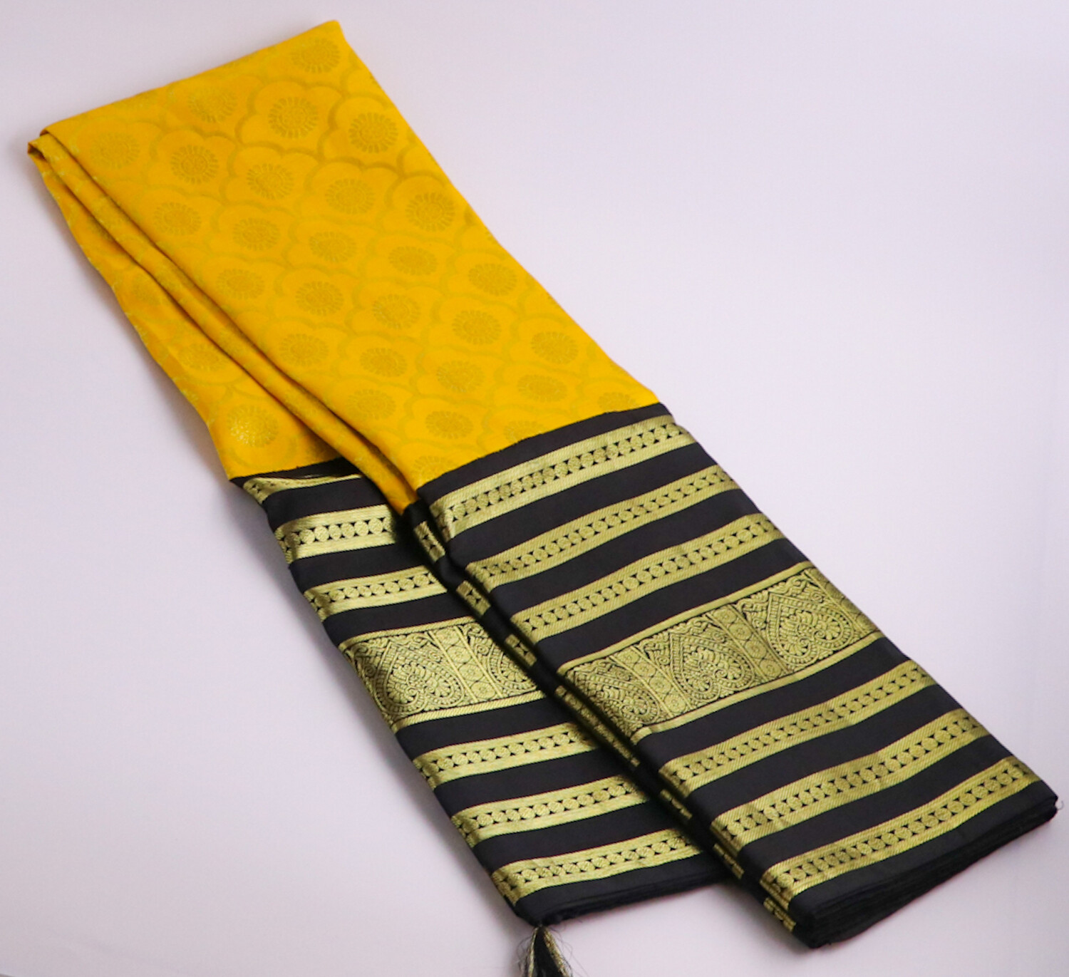 Yellow &amp; Black Kanchi pattu Saree with Stitched Blouse - Ready to wear
