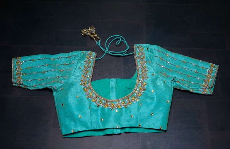 Zardhosi Work blouse - Pattu Saree Blouse -Maggam work blouse - Kundan work blouse - Saree Blouse - Sea green  Saree Blouse - Aqua Blouse