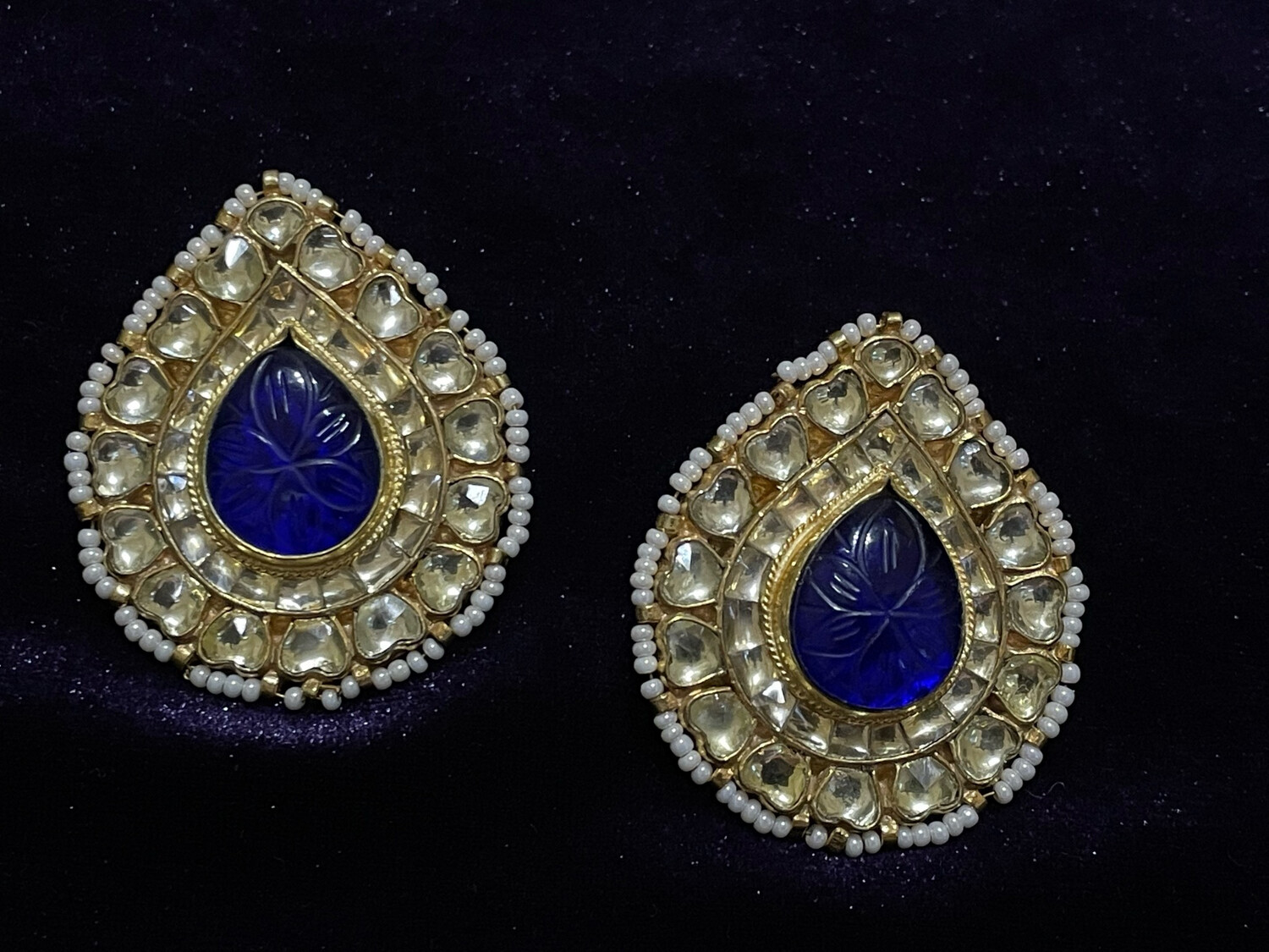 Statement Studs In Pearl & Carved Blue Stone