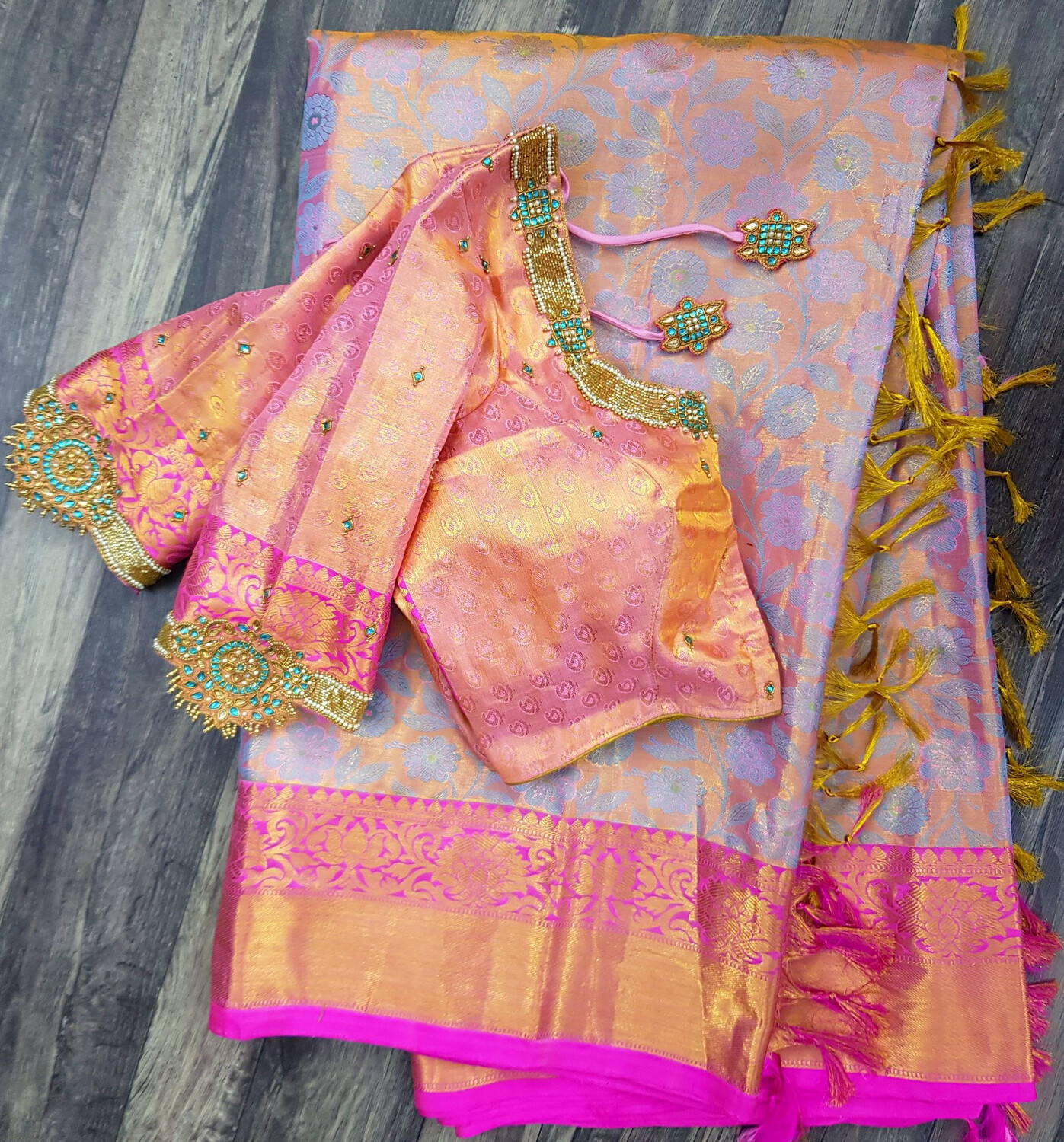 Pink Kanchi pattu Saree with Stitched Blouse - Ready to wear