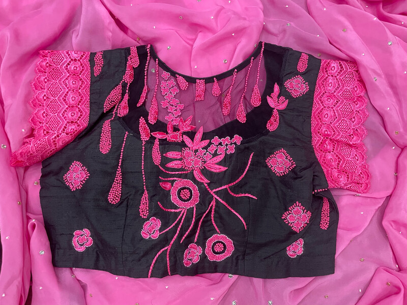 Designer Saree Blouse Lace Blouse Pink & Black Saree Blouse Crape Saree
