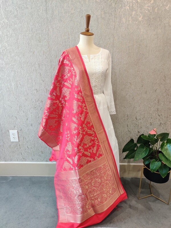 Hot Pink Banarasi Silk Duppatta