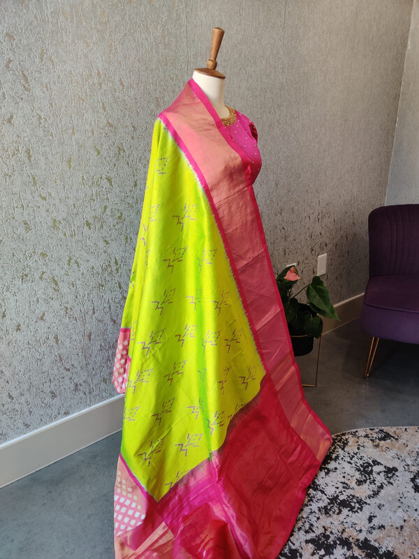 Patola Silk Green & Pink pattu Saree with Stitched Blouse - Ready to wear