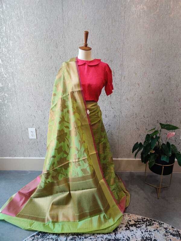 Jamdani Silk Green & Pink pattu Saree with Stitched Blouse - Ready to wear