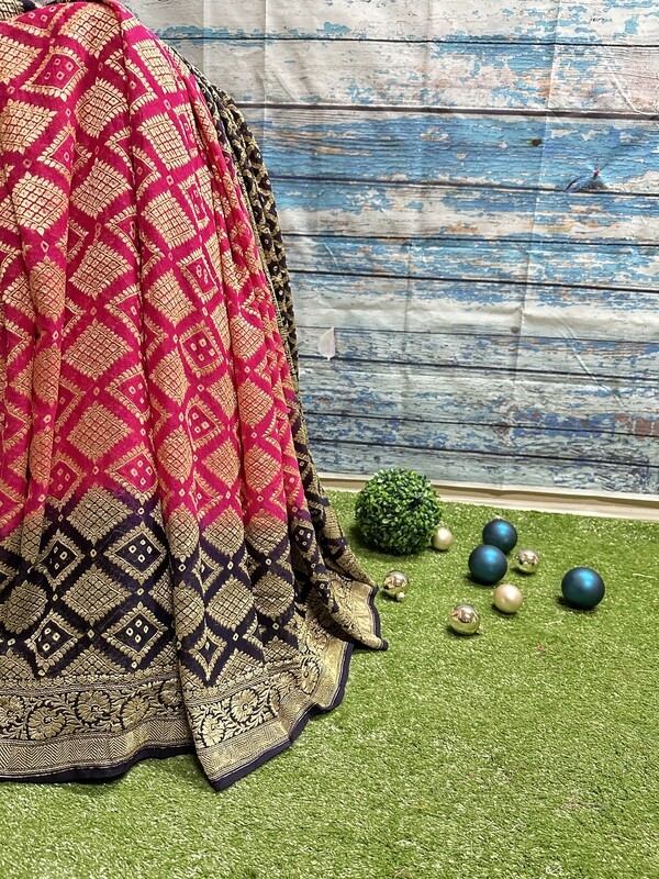 Pink & Black Bandhini Saree with Stitched Blouse - Ready to wear