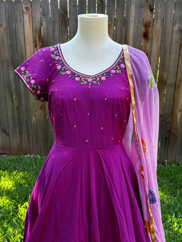 Purple dress With Pink Bandhini Duppatta