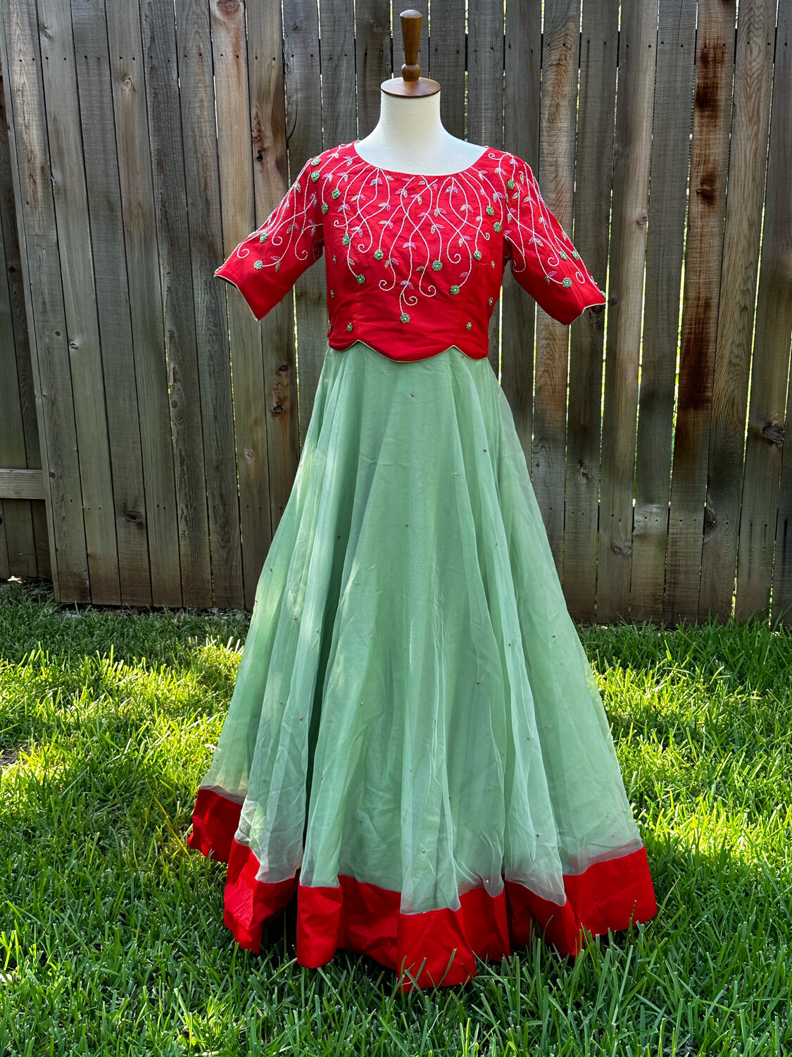 Pastel Green &amp; Red dress With Zardhosi Work In Organza And Raw Silk Fabric - Long Gown