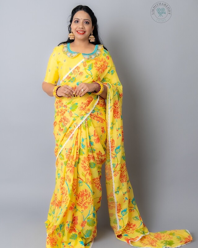 Yellow Floral Saree With peter pan collar Designer Blouse