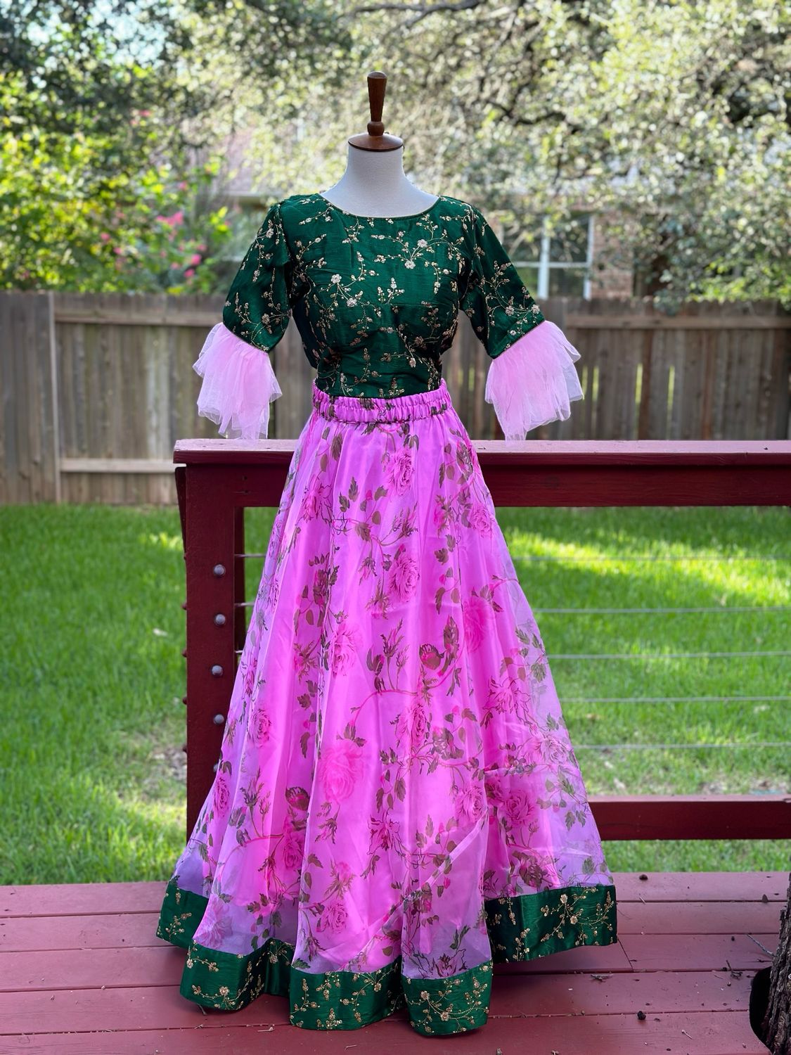 Organza Floral Croptop - Green &amp; Pink