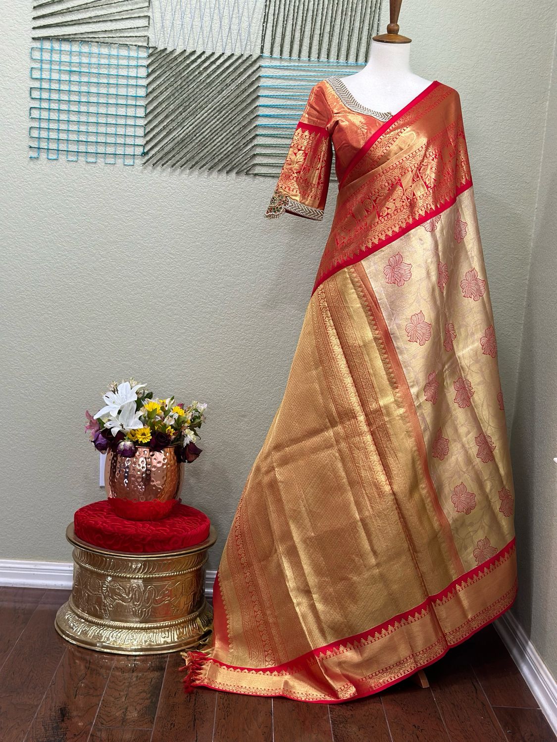 Gold Maroon Kanchi pattu Saree with Stitched Blouse - Ready to wear