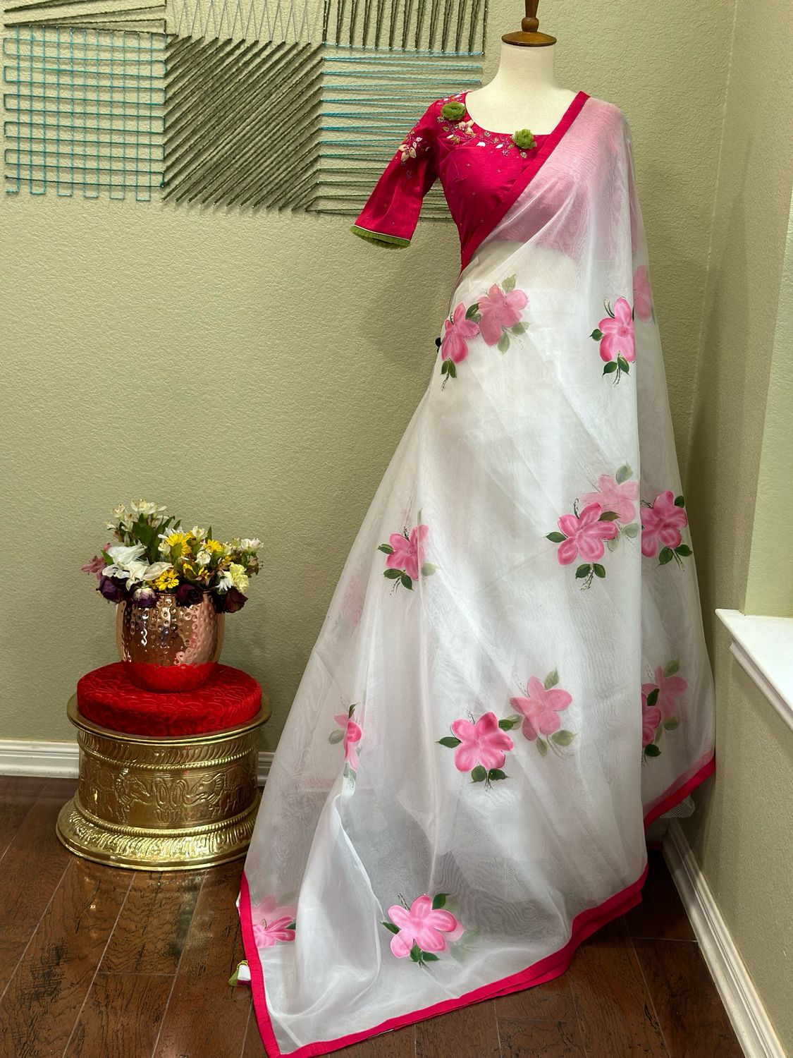 White Organza Saree With Hand Painting