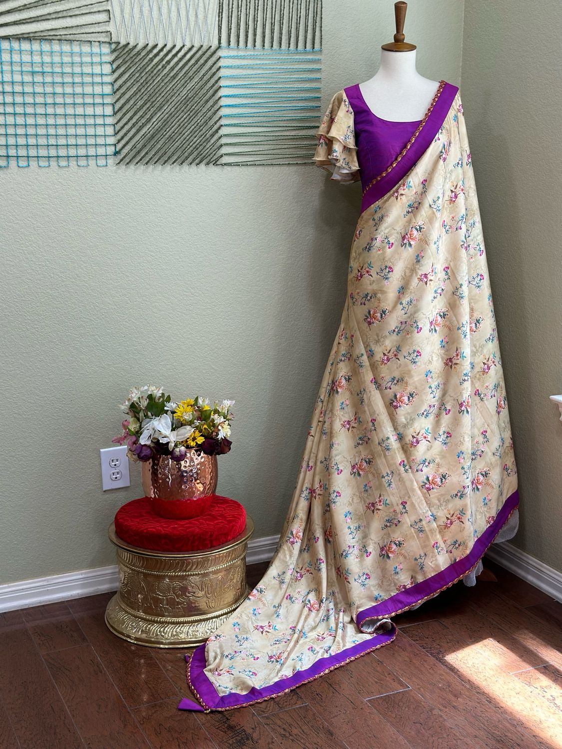 Floral designer saree with stitched blouse