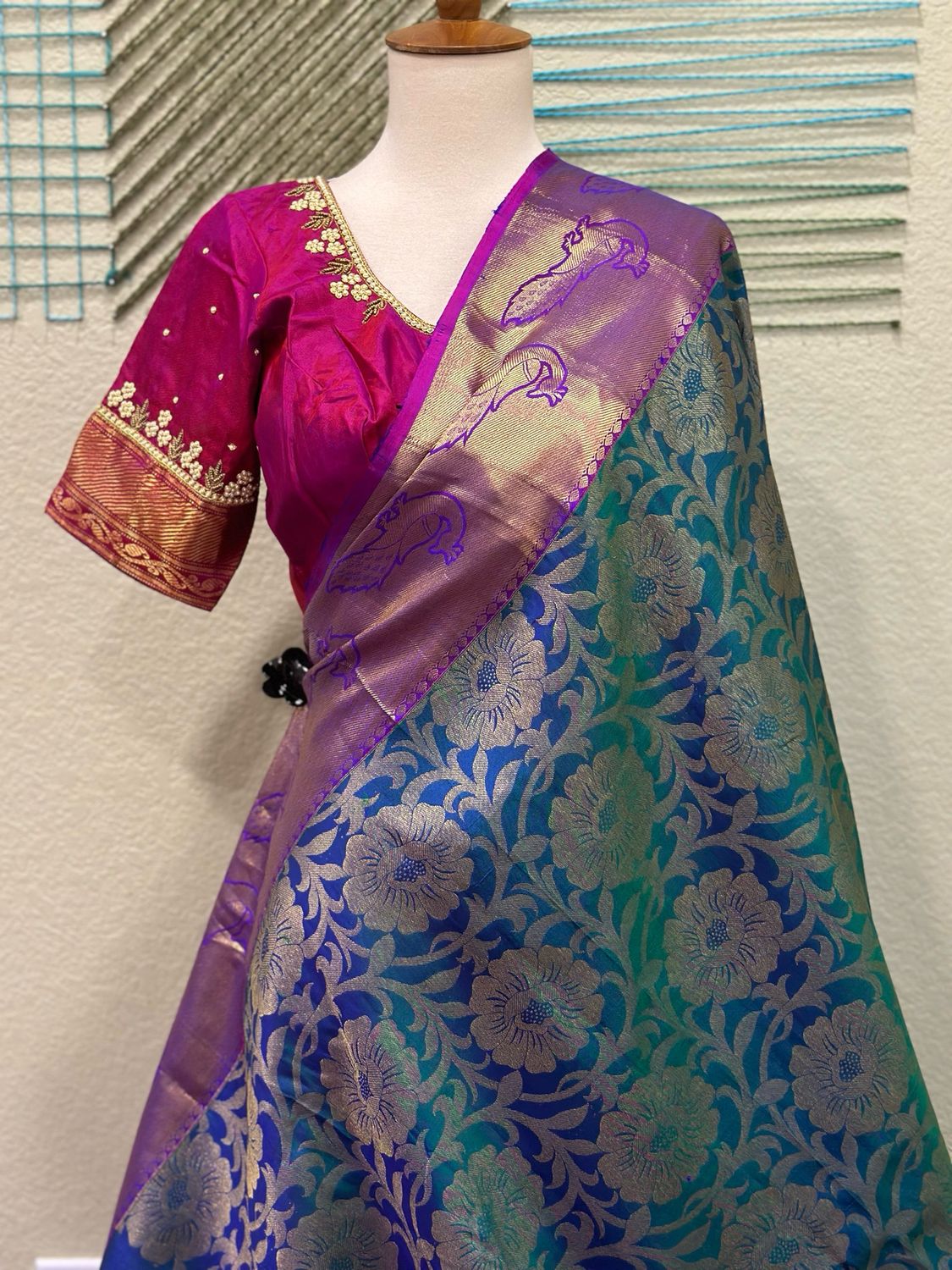 Peacock Blue Kanchi pattu Saree with Stitched Blouse - Ready to wear