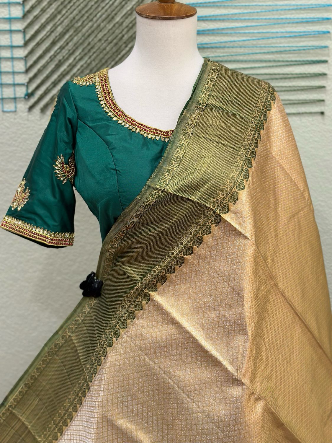 Gold Kanchi pattu Saree with Stitched Blouse - Ready to wear