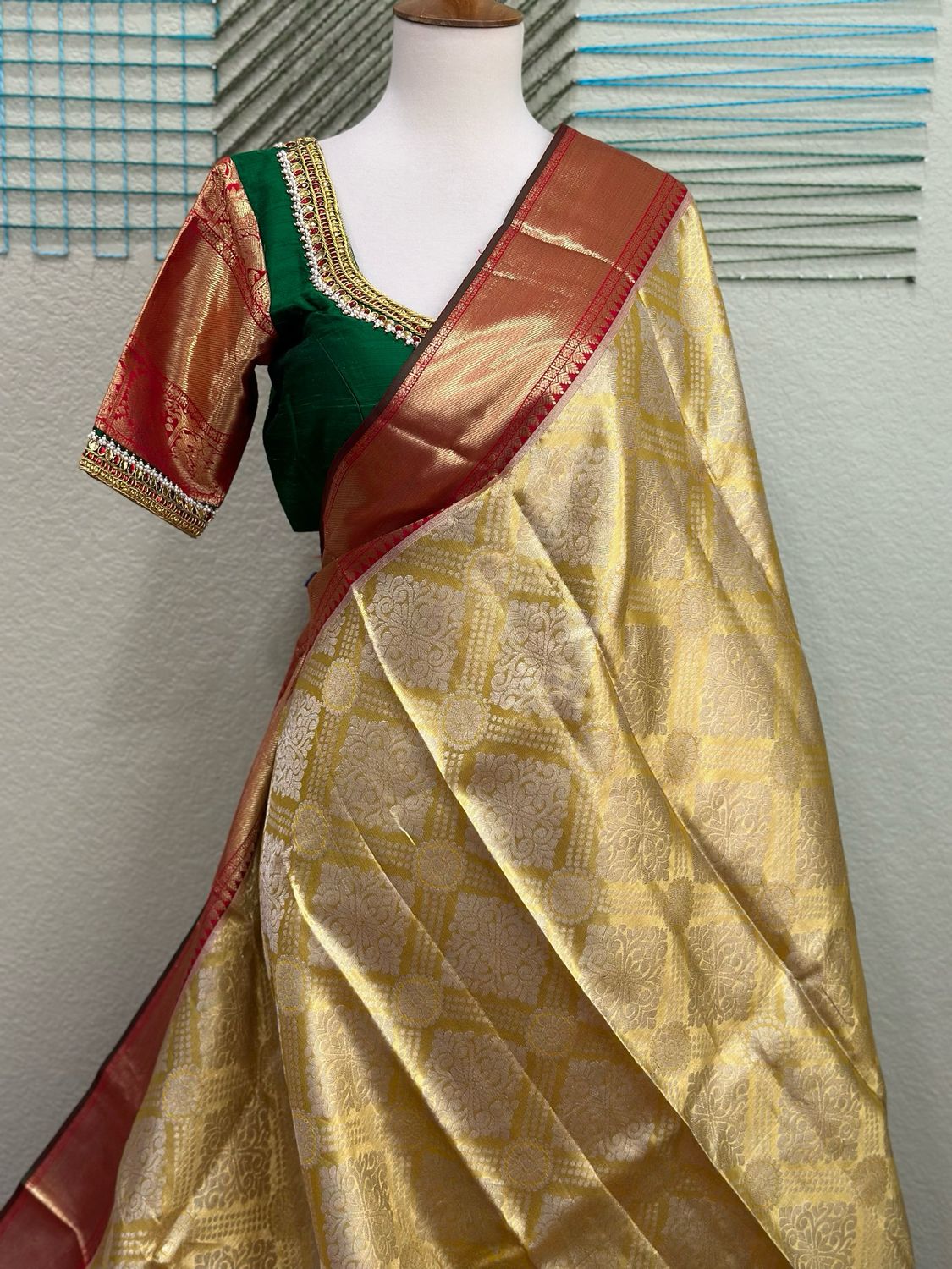 Gold Kanchi pattu Saree with Stitched Blouse - Ready to wear