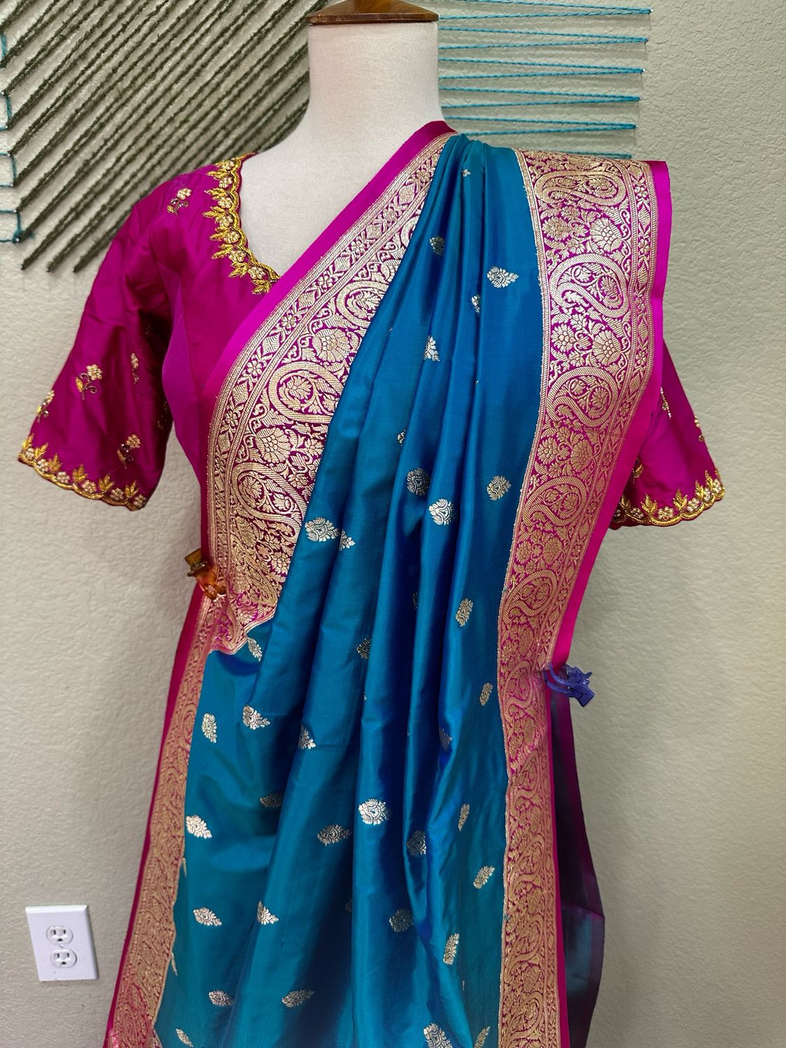 Peacock Blue Kanchi pattu Saree with Stitched Blouse - Ready to wear