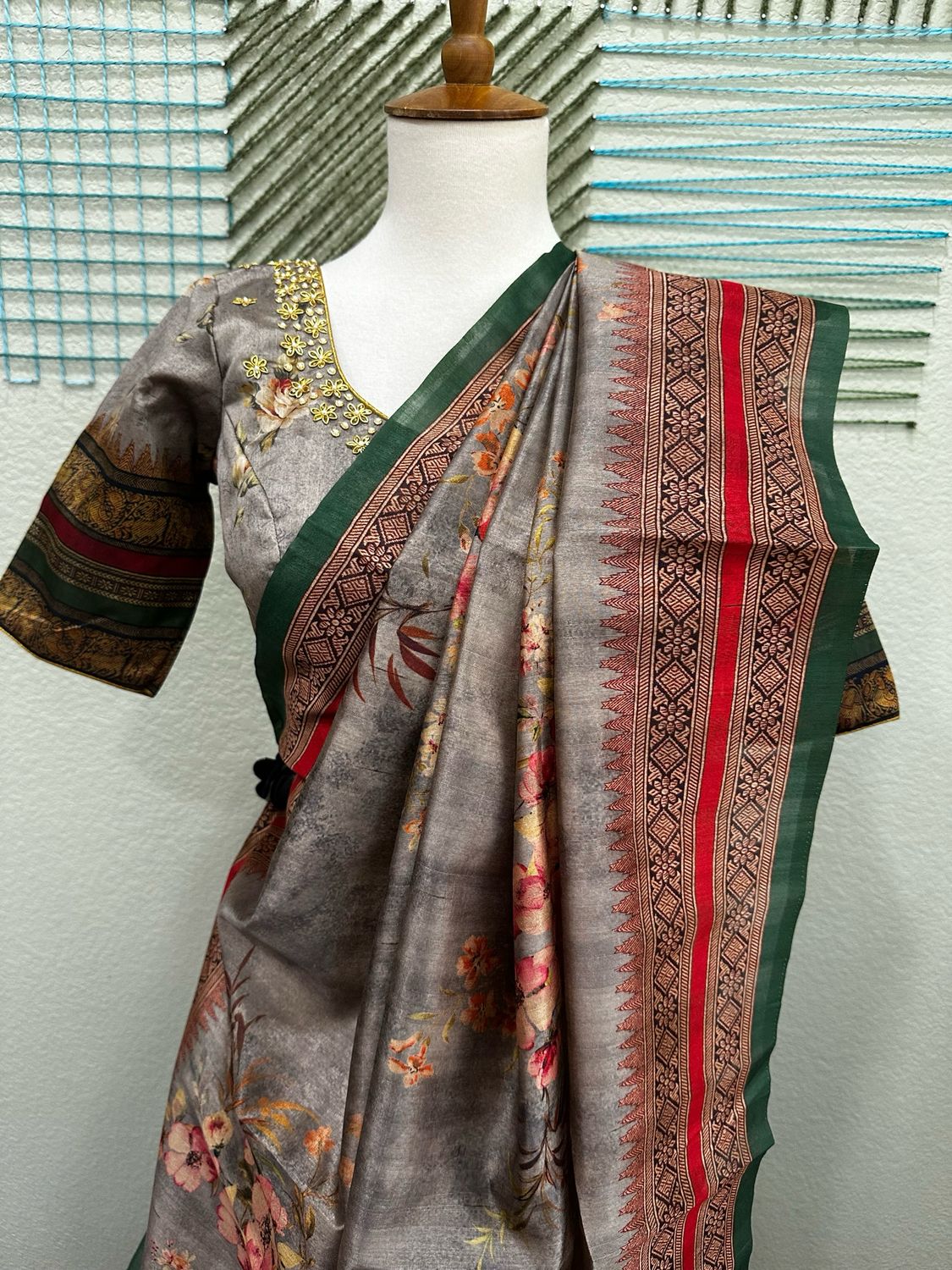 Kalamkari Digital Print Saree with Stitched Blouse - Ready to wear