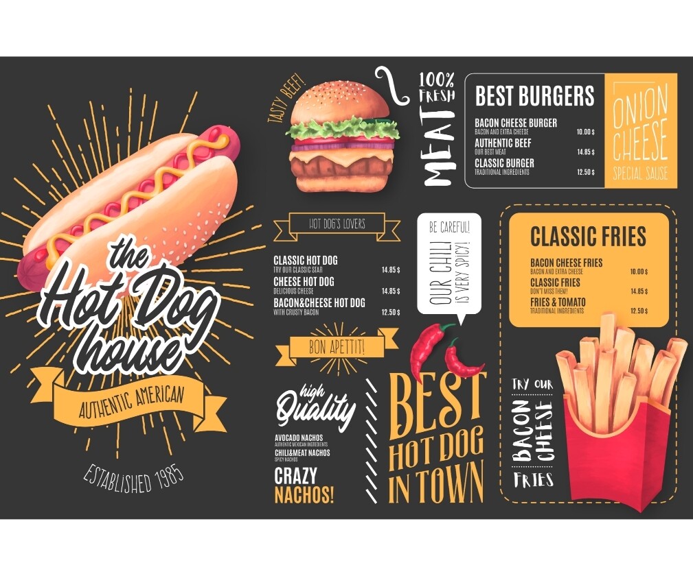 Compra ahora Plantilla de menú para restaurantes de comidas rápidas de perro caliente 100 editable en ilustrator