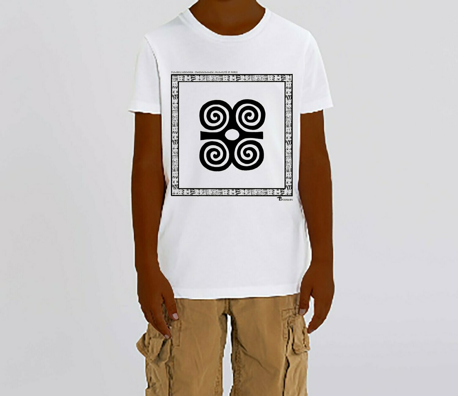 TEE SHIRT SYMBOLE ADINKRA "DWENNIMMEN" HUMILITE ET FORCE, COULEUR: BLANC, TAILLE: 3-4 ans