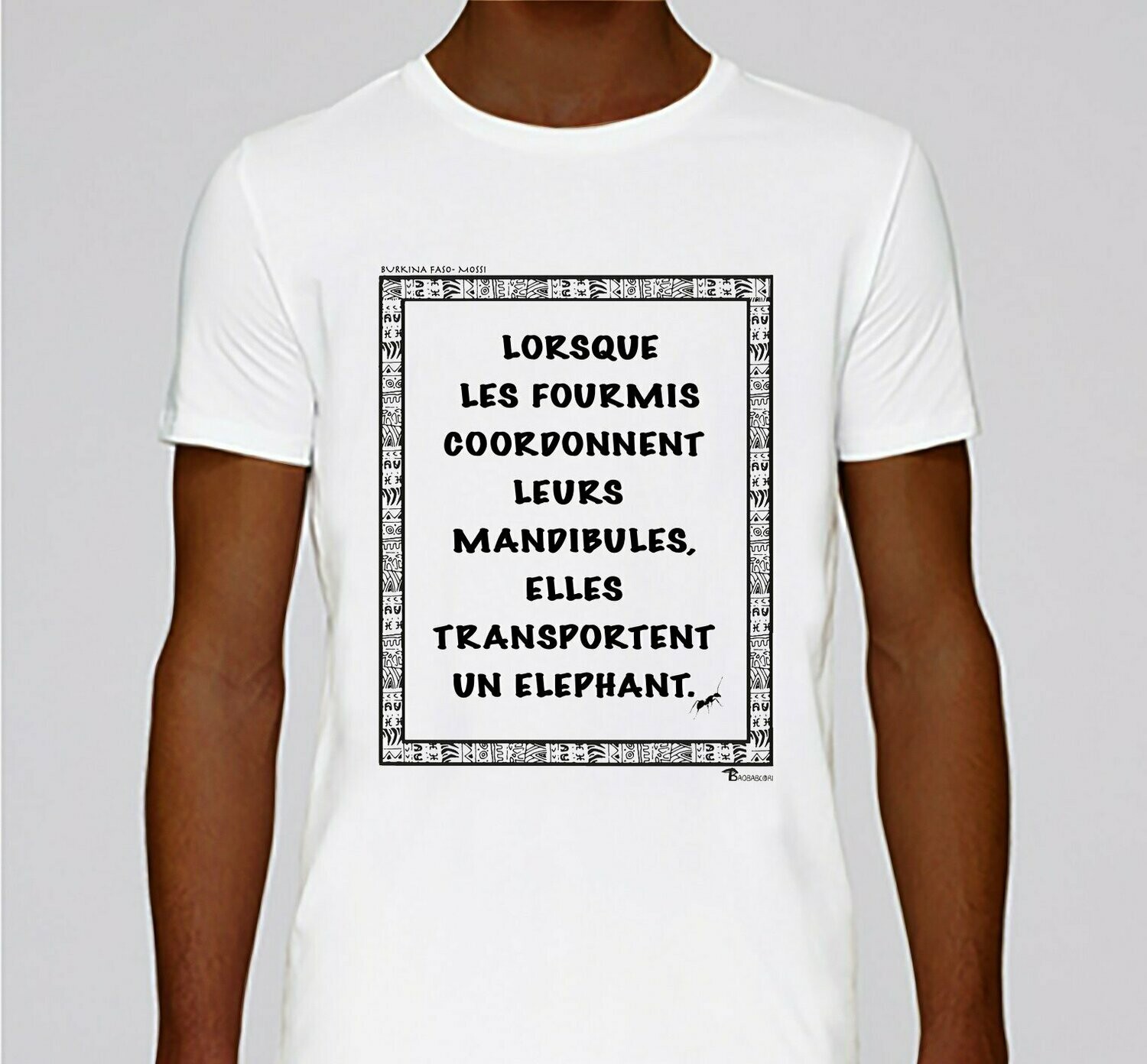 TEE-SHIRT PROVERBE ET CITATION BURKINA FASO FOURMIS, COULEUR: BLANC, TAILLE: XXL
