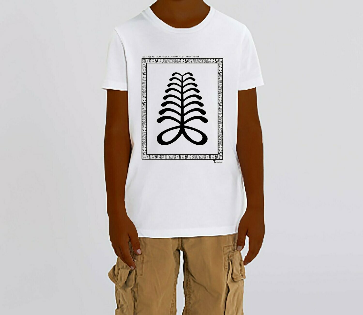 TEE SHIRT SYMBOLE ADINKRA "AYA" ENDURANCE ET INGENIOSITE, COULEUR: BLANC, TAILLE: 3-4 ans