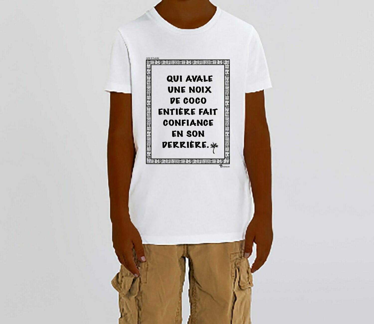 TEE SHIRT PROVERBE COTE D'VOIRE COCO, COULEUR: BLANC, TAILLE: 3-4 ans