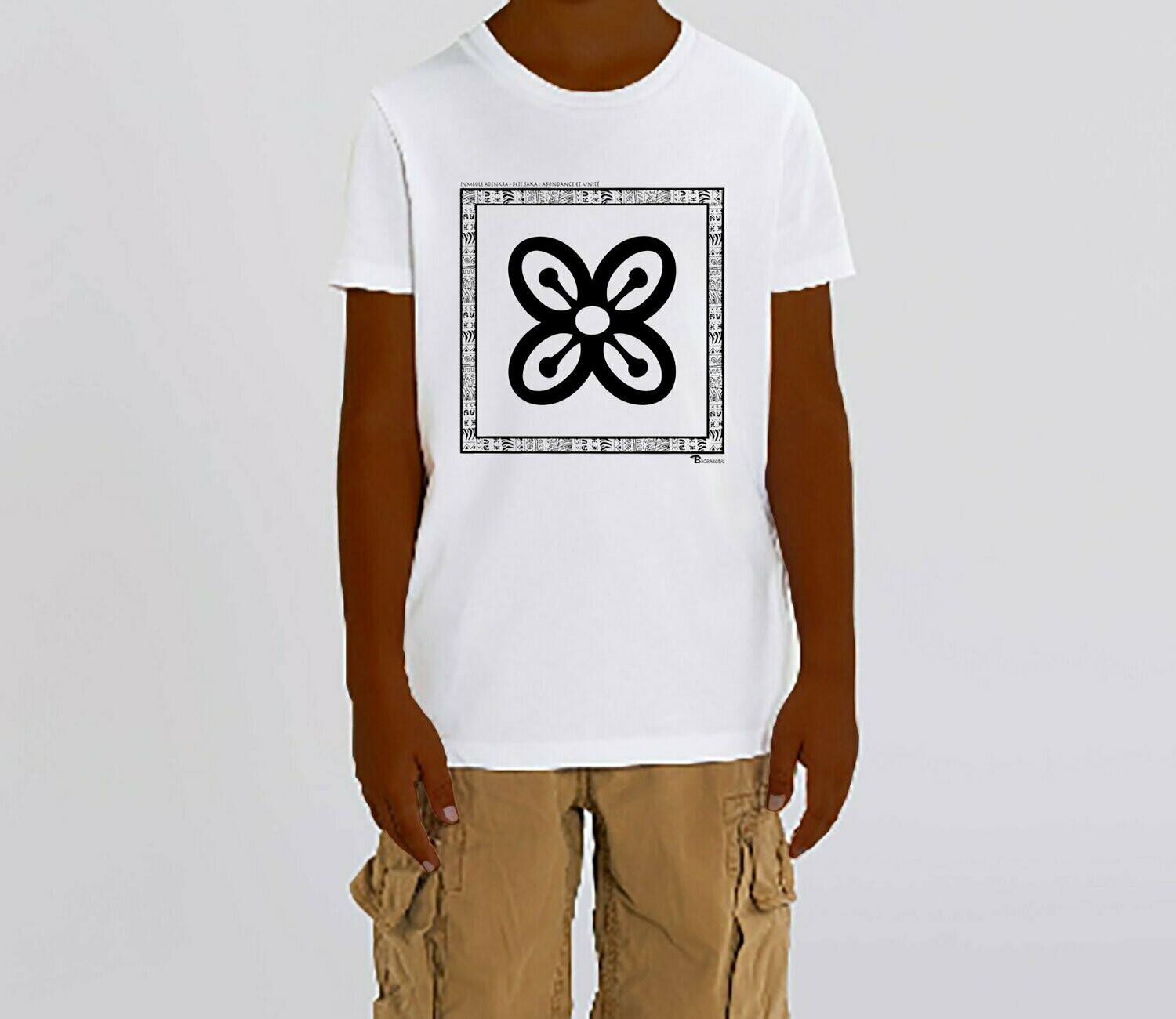 TEE SHIRT SYMBOLE ADINKRA "BESE SAKA" ABONDANCE ET UNITE, COULEUR: BLANC, TAILLE: 3-4 ans