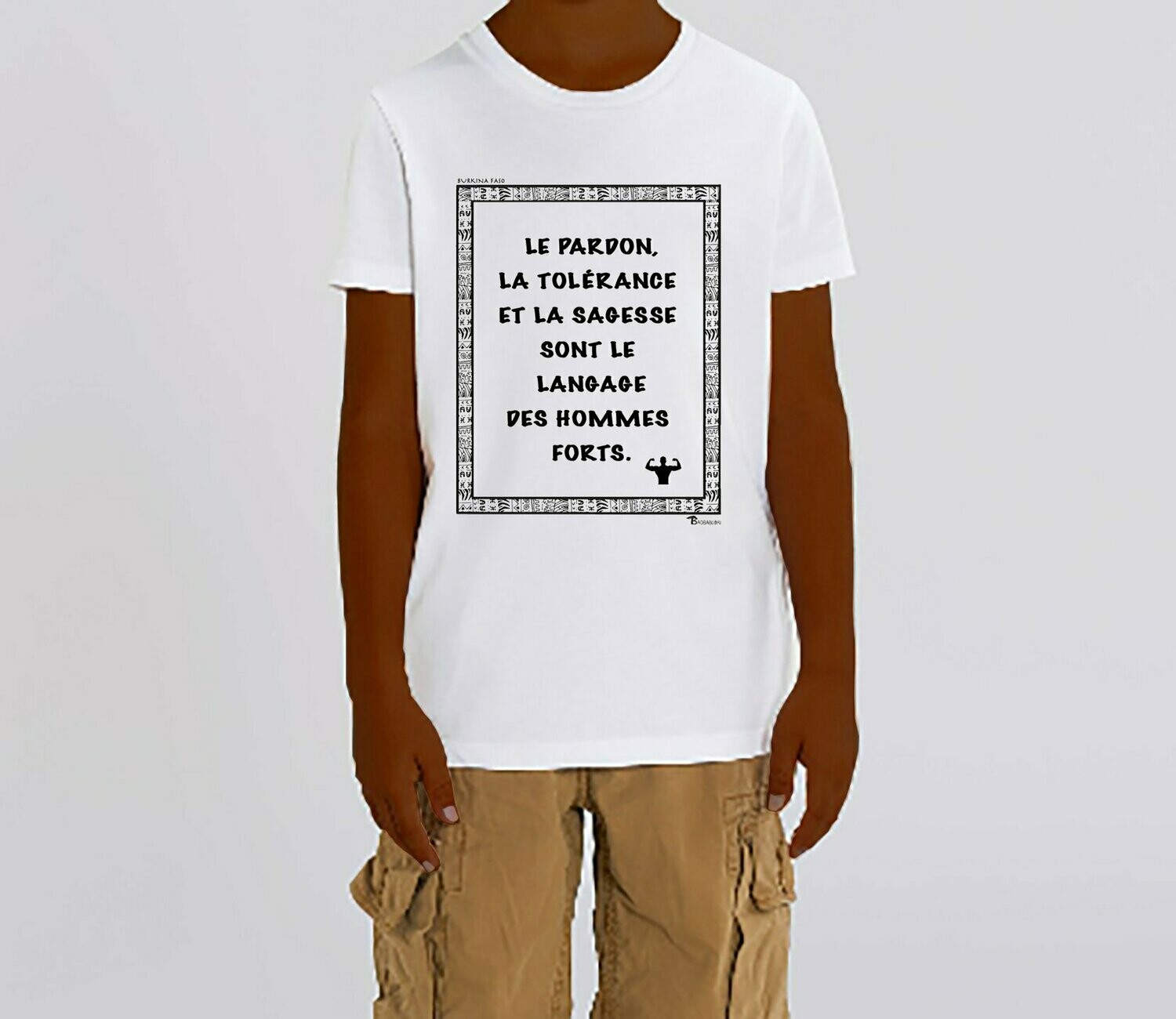 TEE SHIRT PROVERBE  BURKINA FASO HOMMES FORTS, COULEUR: BLANC, TAILLE: 3-4 ans