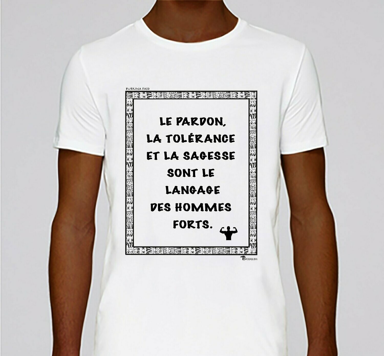 TEE SHIRT PROVERBE BURKINA FASO HOMMES FORTS, COULEUR: BLANC, TAILLE: XXL