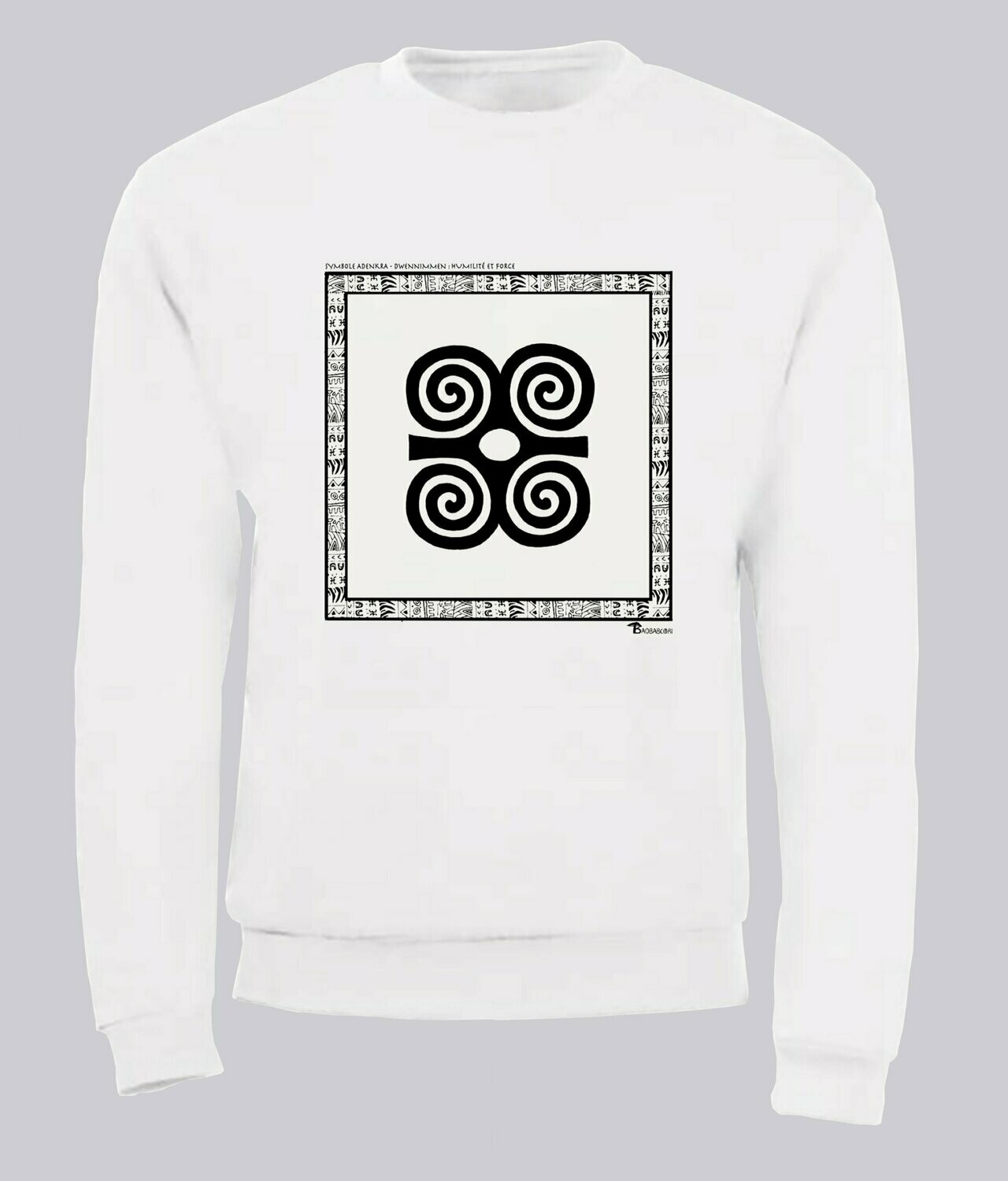 SWEAT SYMBOLE ADINKRA "DWENNIMMEN" HUMILITE ET FORCE, COULEUR: BLANC, FOND MOTIF: BLANC, TAILLE: XXL