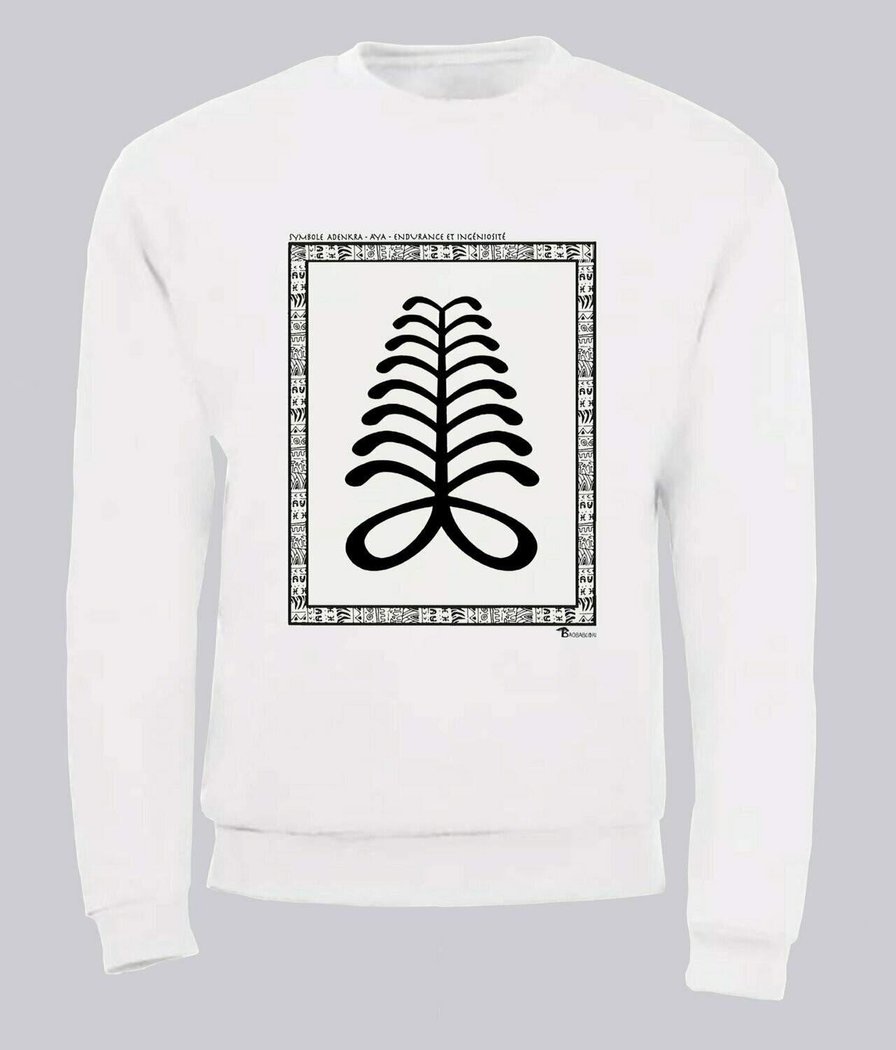 SWEAT SYMBOLE ADINKRA "AYA" ENDURANCE ET INGENIOSITE, COULEUR: BLANC, FOND MOTIF: BLANC, TAILLE: XXL