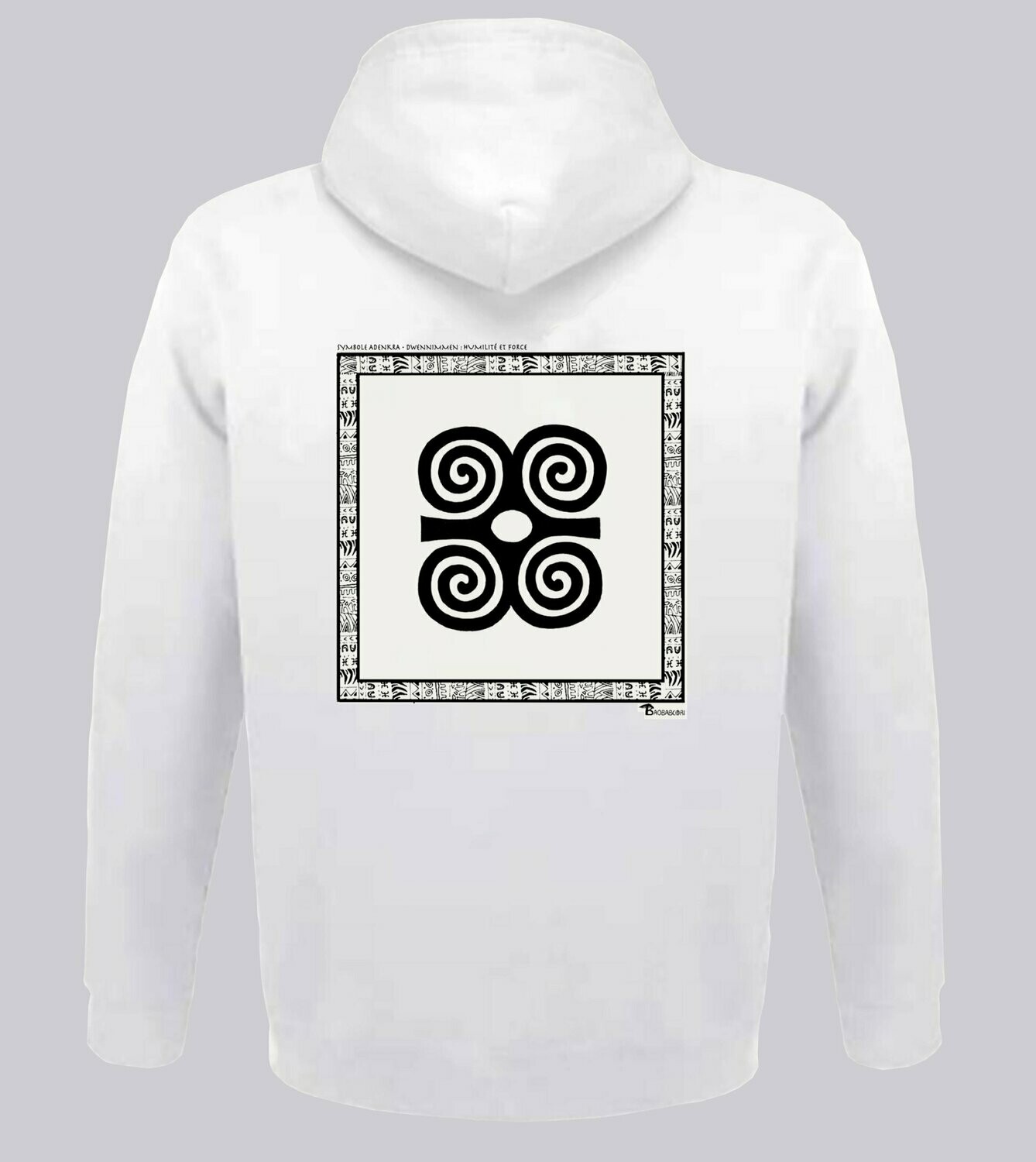 SWEAT A CAPUCHE SYMBOLE ADINKRA "DWENNIMMEN" HUMILITE ET FORCE, COULEUR: BLANC, FOND MOTIF: BLANC, TAILLE: XXL