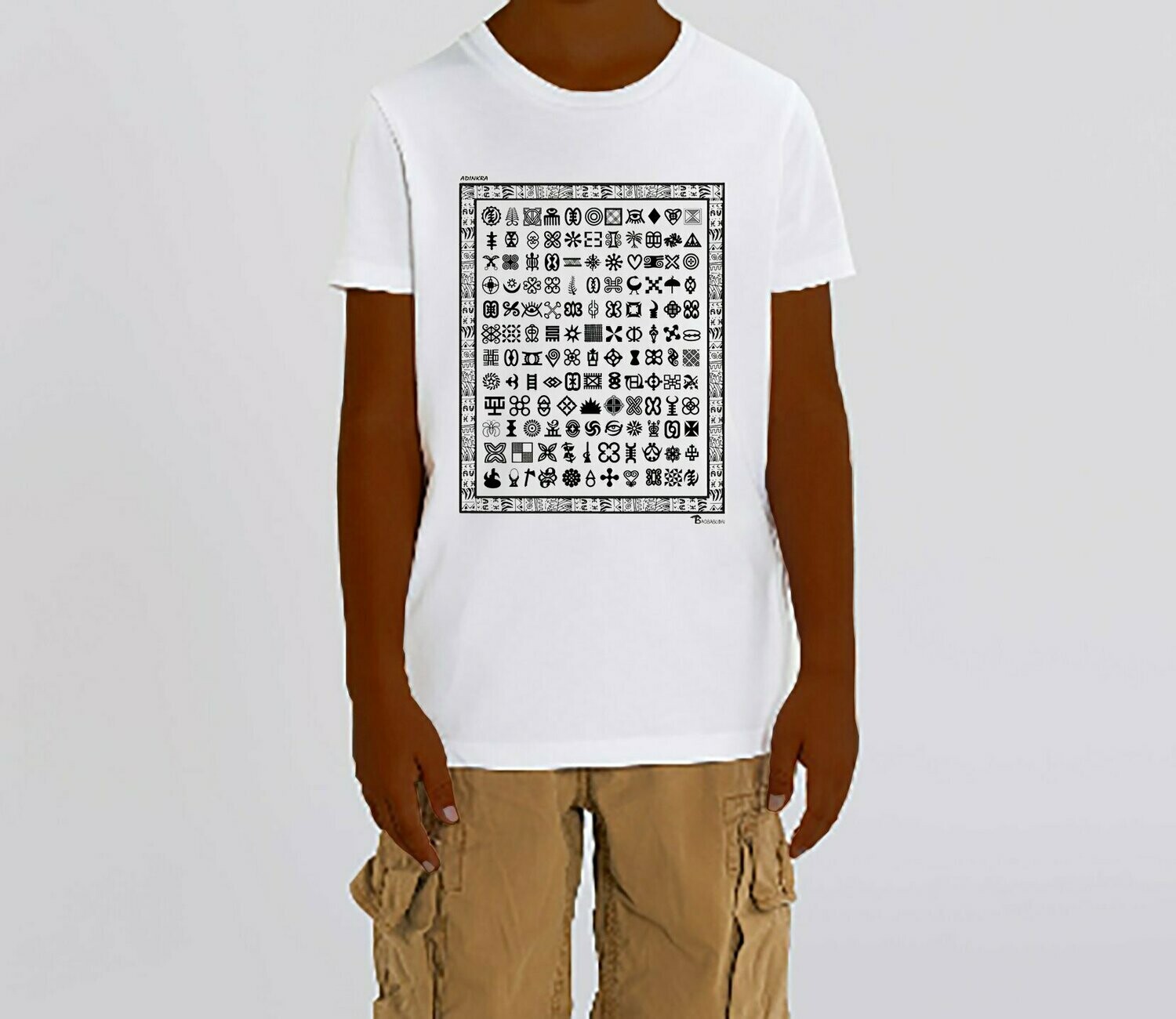 TEE SHIRT ADINKRA, COULEUR: BLANC, FOND MOTIF: BLANC, TAILLE: 2 ANS