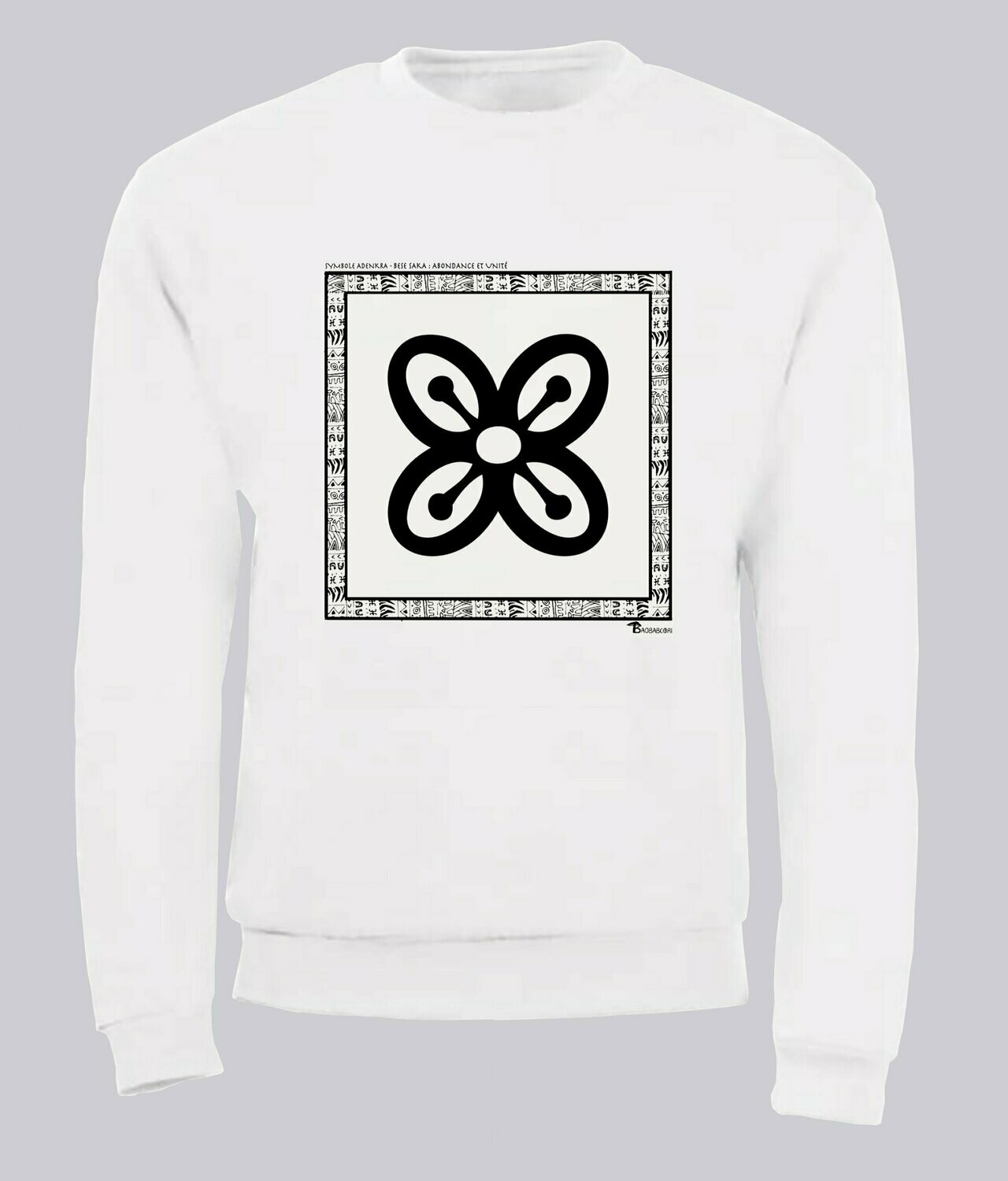 SWEAT SYMBOLE ADINKRA "BESE SAKA" ABONDANCE ET UNITE, COULEUR: BLANC, FOND MOTIF: BLANC, TAILLE: XXL