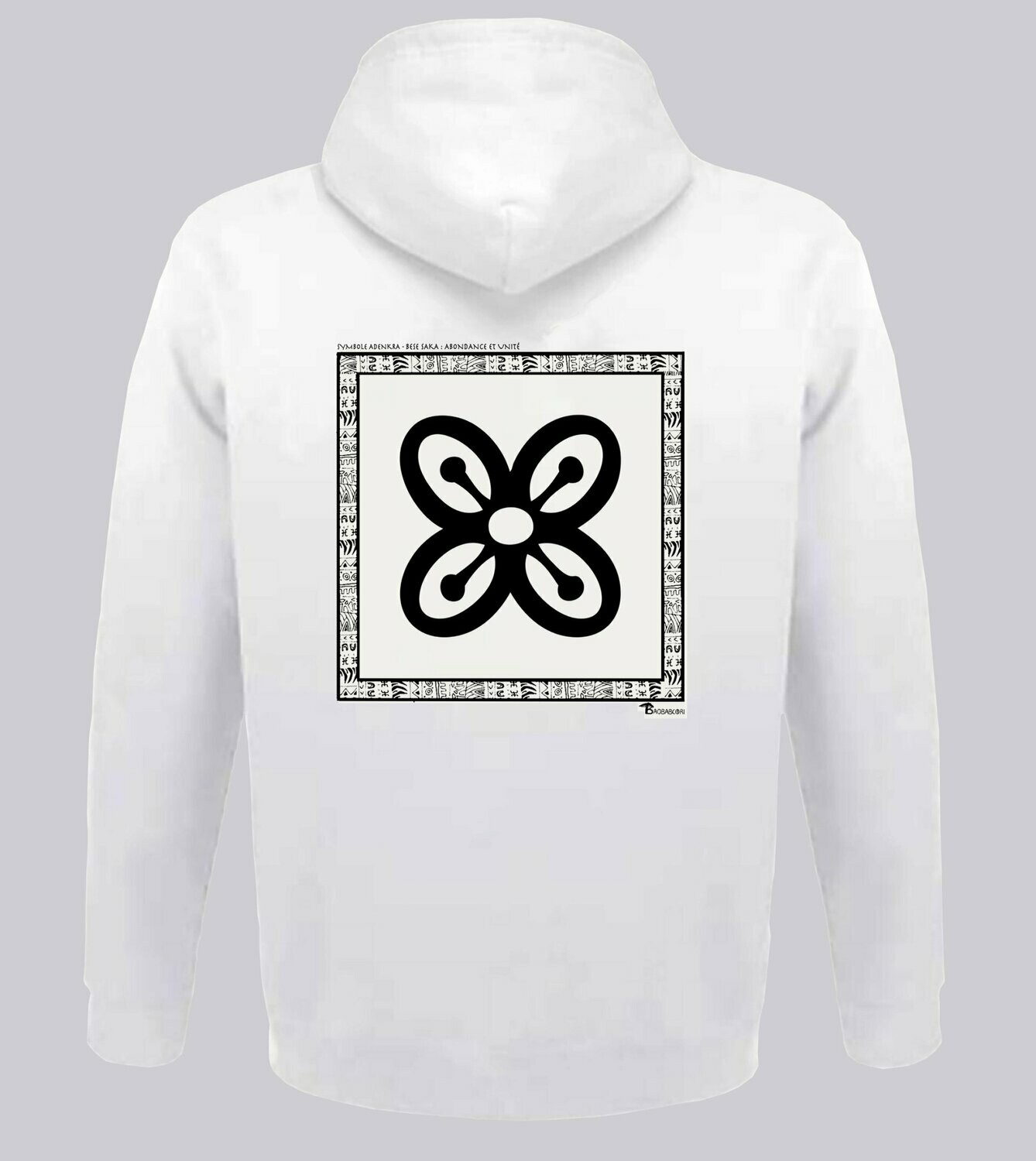 SWEAT A CAPUCHE SYMBOLE ADINKRA "BESE SAKA" ABONDANCE ET UNITE, COULEUR: BLANC, FOND MOTIF: BLANC, TAILLE: XXL
