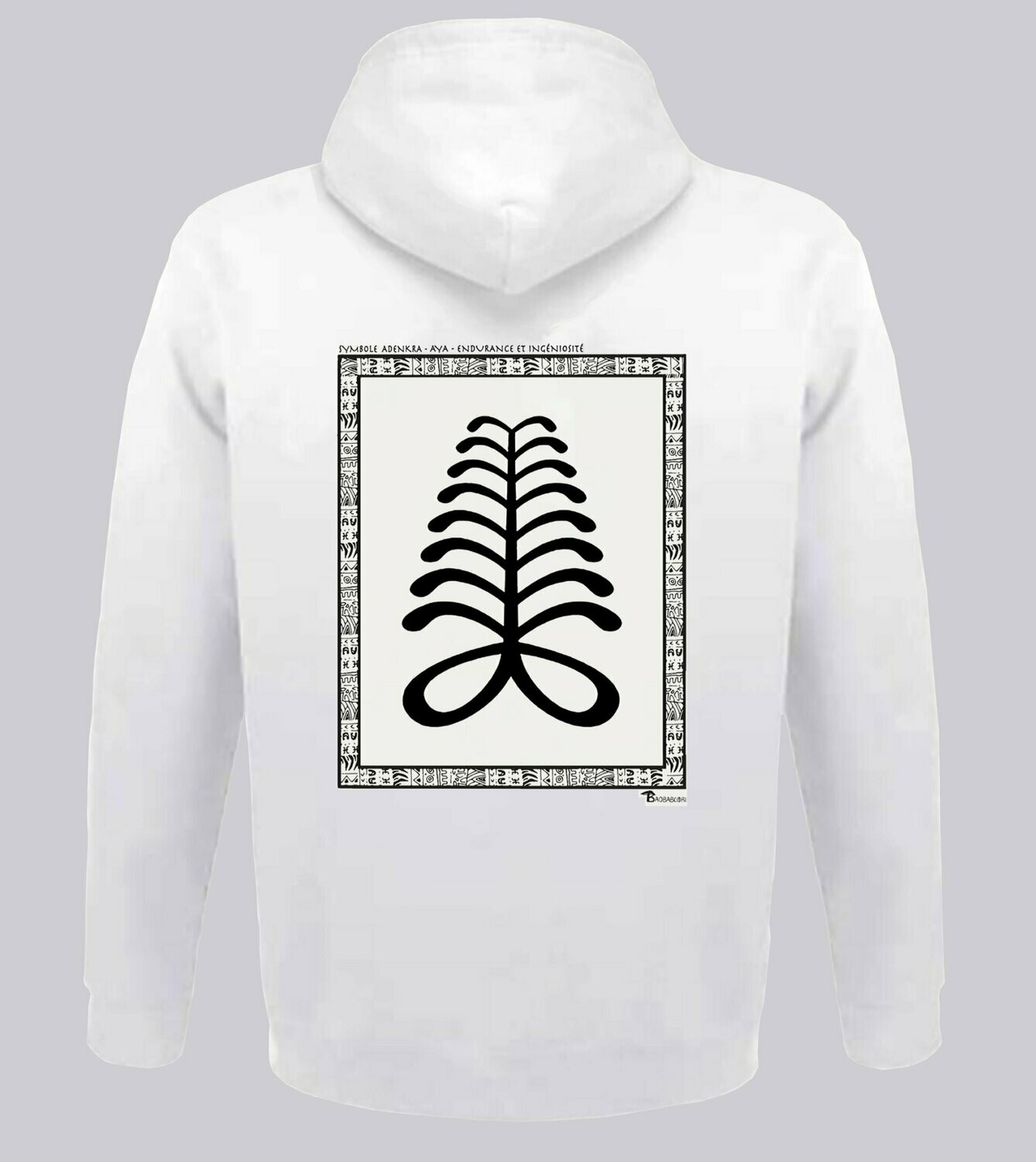 SWEAT A CAPUCHE SYMBOLE ADINKRA "AYA" ENDURANCE ET INGENIOSITE, COULEUR: BLANC, FOND MOTIF: BLANC, TAILLE: XXL