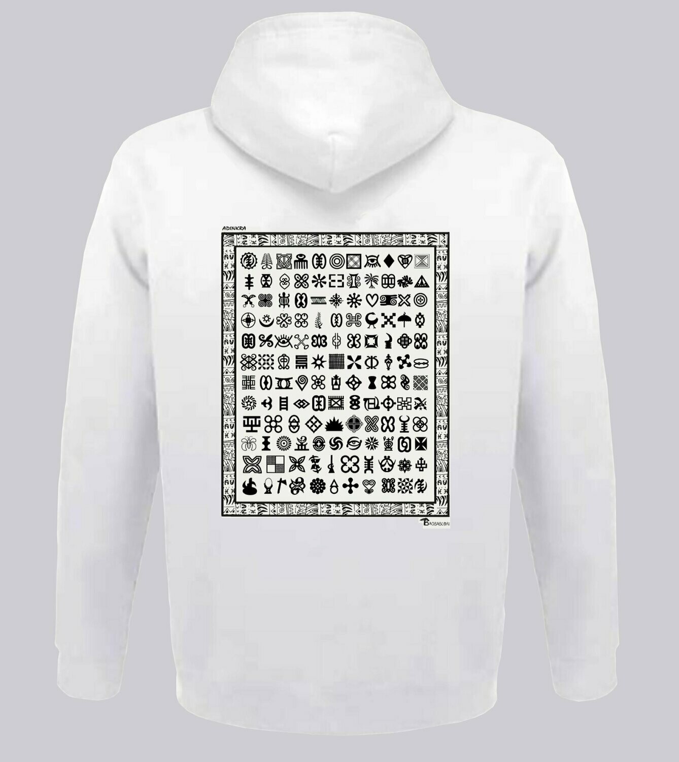 SWEAT A CAPUCHE ADINKRA, COULEUR: BLANC, FOND MOTIF: BLANC, TAILLE: XXL
