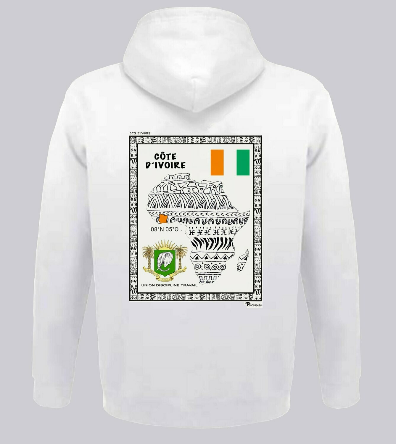 SWEAT A CAPUCHE  PAYS COTE D'IVOIRE, COULEUR: BLANC, FOND MOTIF: BLANC, TAILLE: XXL