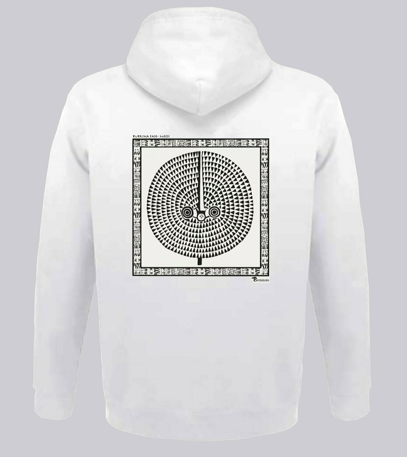 SWEAT A CAPUCHE  MASQUE MOSSI BURKINA FASO, COULEUR: BLANC, FOND MOTIF: BLANC, TAILLE: XXL