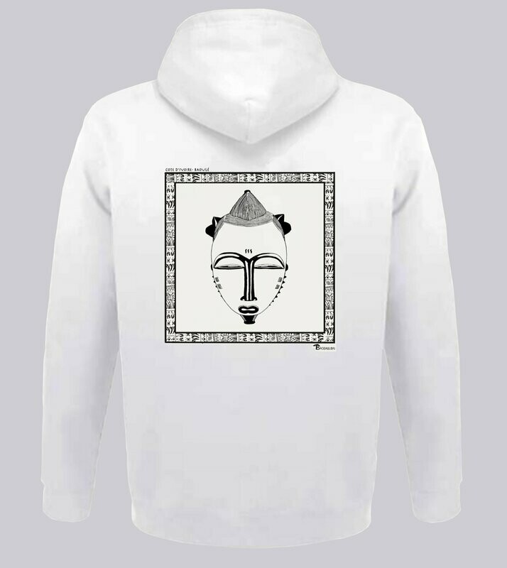 SWEAT A CAPUCHE  MASQUE BAOULE AYA CÔTE D'IVOIRE, COULEUR: BLANC, FOND MOTIF: BLANC, TAILLE: XXL