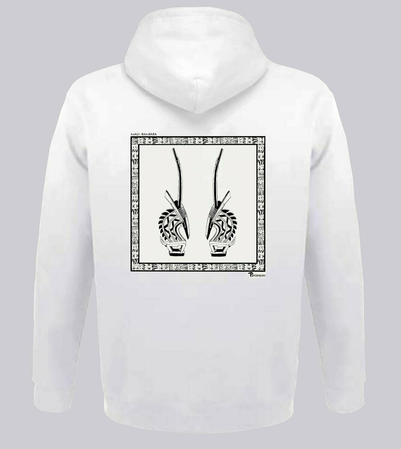 SWEAT A CAPUCHE  STATUE BAMBARA MALI, COULEUR: BLANC, FOND MOTIF: BLANC, TAILLE: XXL
