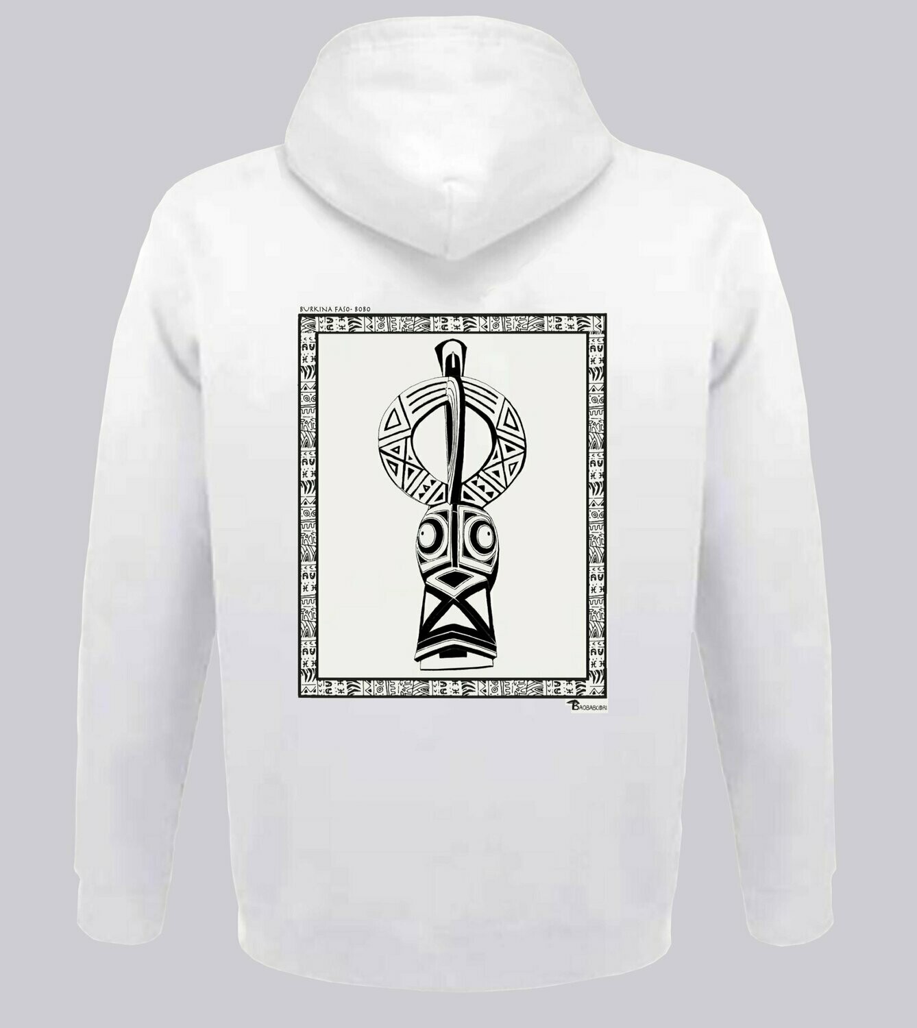 SWEAT A CAPUCHE MASQUE BOBO BURKINA FASO, COULEUR: BLANC, FOND MOTIF: BLANC, TAILLE: XXL