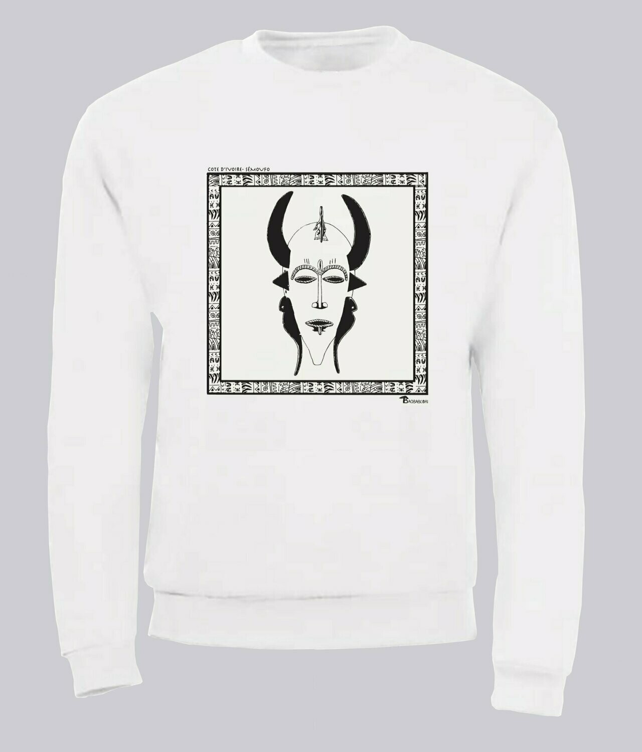 SWEAT  MASQUE SENOUFO CÔTE D'IVOIRE, COULEUR: BLANC, FOND MOTIF: BLANC, TAILLE: XXL