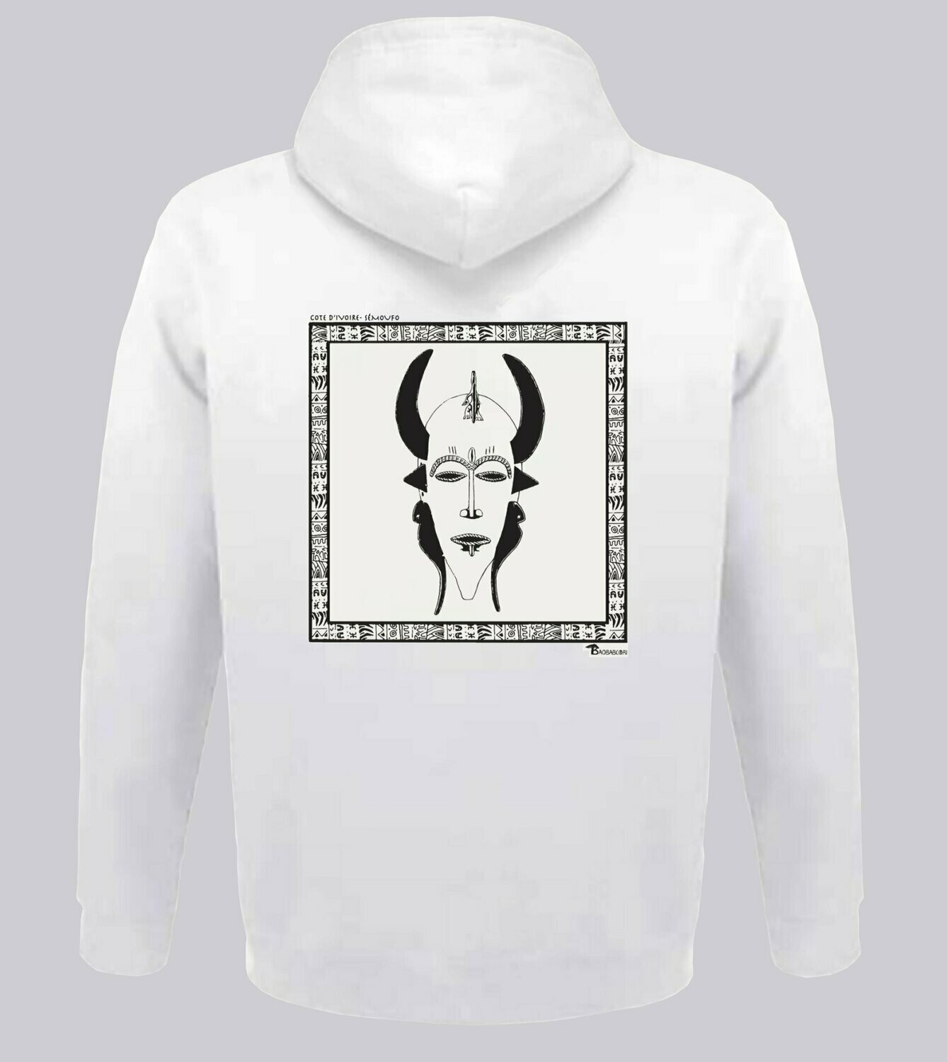 SWEAT A CAPUCHE MASQUE SENOUFO CÔTE D'IVOIRE, COULEUR: BLANC, FOND MOTIF: BLANC, TAILLE: XXL