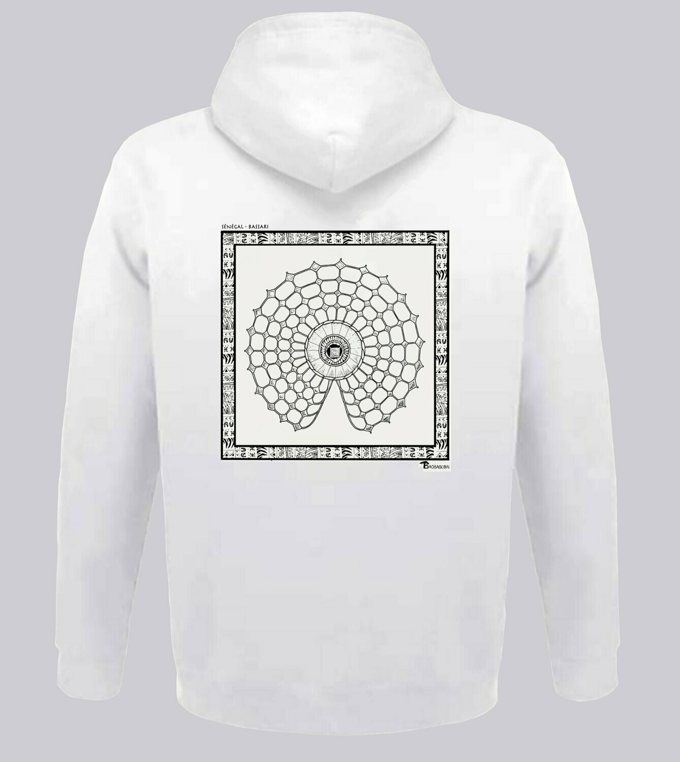 SWEAT A CAPUCHE  MASQUE BASSARI SENEGAL, COULEUR: BLANC, FOND MOTIF: BLANC, TAILLE: XXL