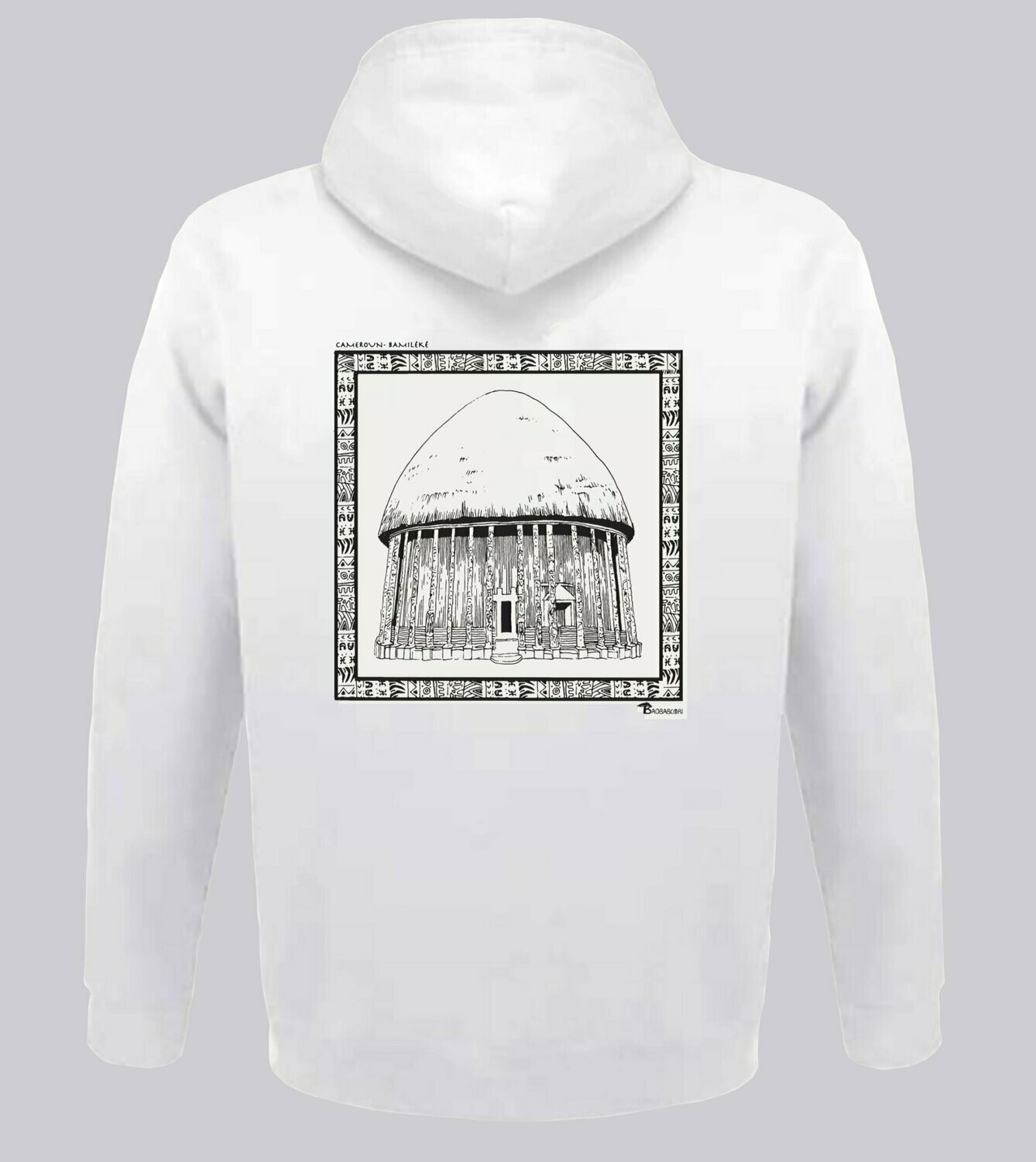 SWEAT A CAPUCHE ARCHITECTURE BAMILEKE CAMEROUN, COULEUR: BLANC, FOND MOTIF: BLANC, TAILLE: XXL