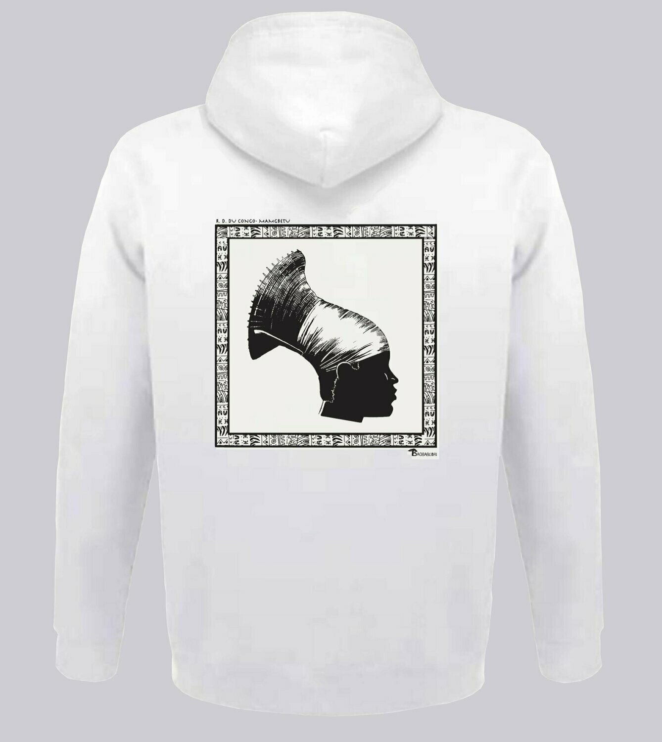 SWEAT A CAPUCHE  COIFFURE MANGBETU RDC  CONGO, COULEUR: BLANC, FOND MOTIF: BLANC, TAILLE: XXL
