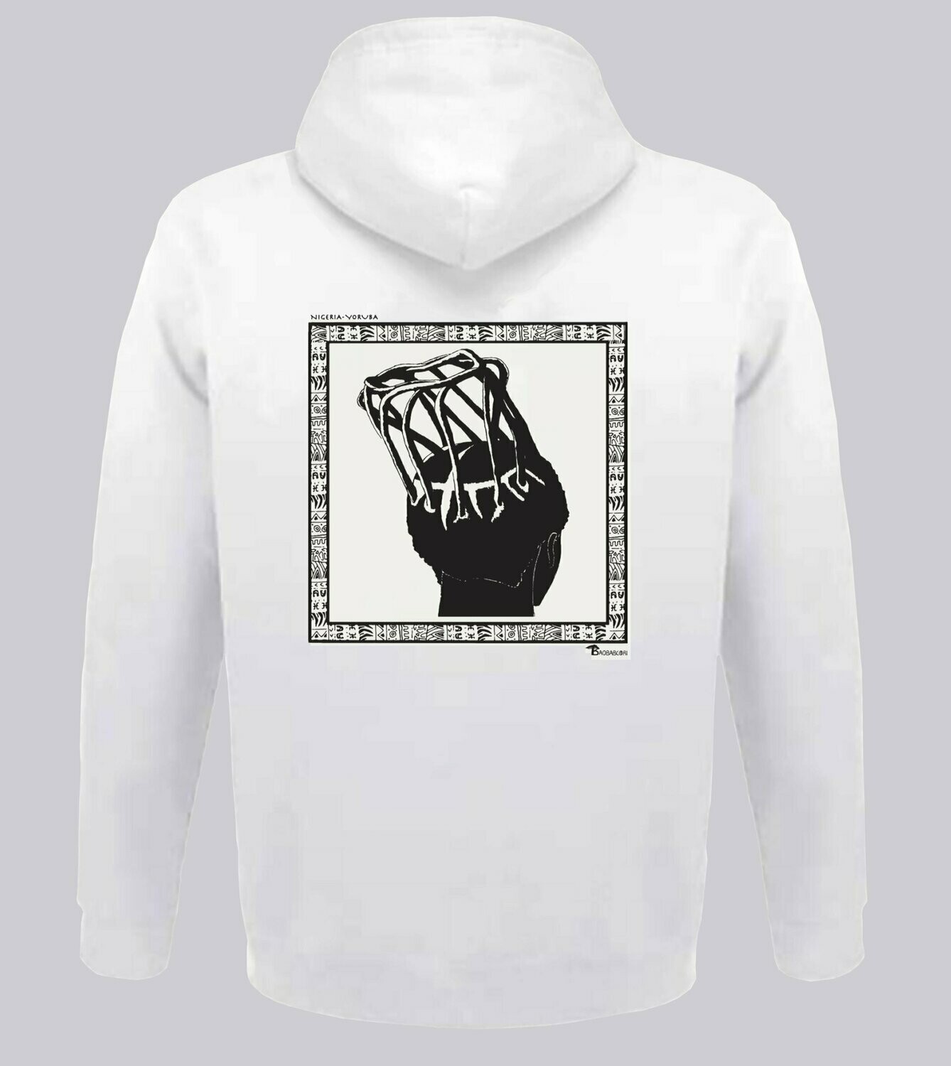 SWEAT A CAPUCHE  COIFFURE YORUBA NIGERIA, COULEUR: BLANC, FOND MOTIF: BLANC, TAILLE: XXL