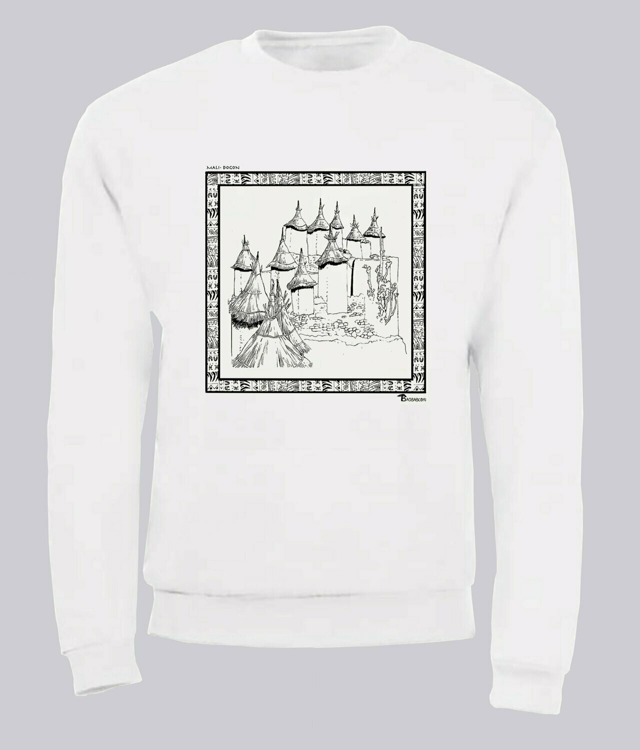 SWEAT ARCHITECTURE DOGON MALI, COULEUR: BLANC, FOND MOTIF: BLANC, TAILLE: XXL